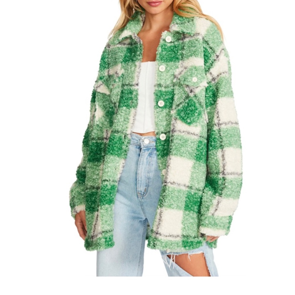 Steve Madden Sherpa Shacket Plaid, green / white XS